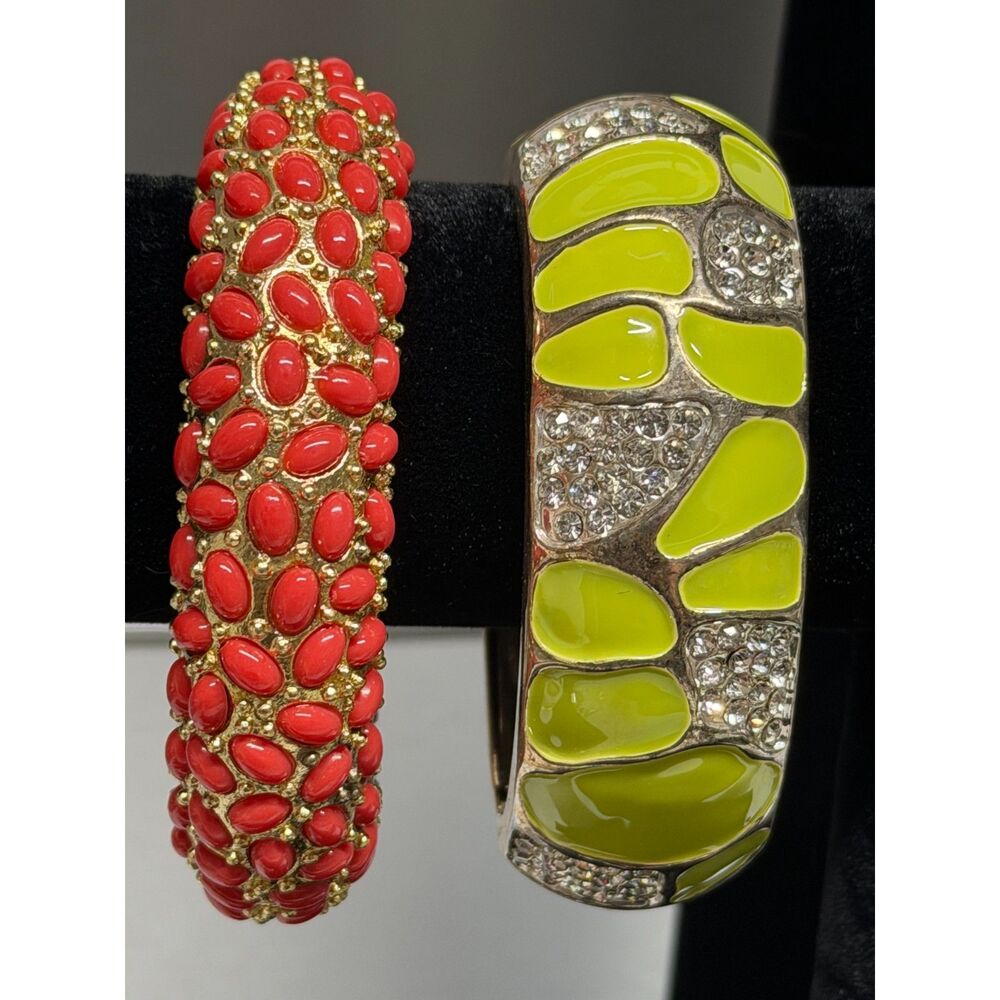2 Vintage Enamel Bracelets Hinged Cuff Bangles magnetic closures Sz up to 7"